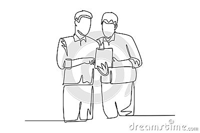 Single continuous line drawing of young employee talking to his colleague discussing new company project during meeting. Office Cartoon Illustration