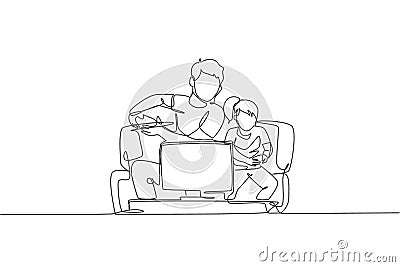 Single continuous line drawing of young father and daughter sitting on sofa while playing video game together at home, happy Cartoon Illustration