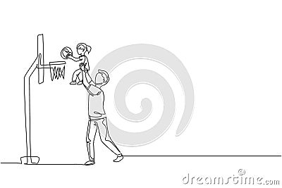 Single continuous line drawing of young father raise his daughter to score when playing basketball game at home field. Happy Cartoon Illustration