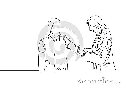 Single continuous line drawing of young female doctor giving vaccine injection to cure sick male patient at hospital Cartoon Illustration