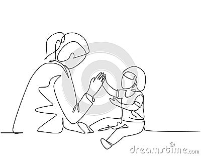 Single continuous line drawing of young female pediatric doctor invited cute baby toddler patient to play and follow her Vector Illustration