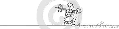 Single continuous line drawing of a young girl with a barbell in the gym. Stock Photo