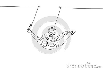 Single continuous line drawing young handsome professional gymnast man perform acrobatic motion. Steady rings training and Vector Illustration