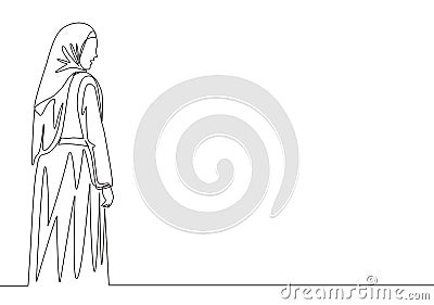 Single continuous line drawing of young happy beautiful muslim girl with headscarf from back view. Pretty malay women model in Vector Illustration