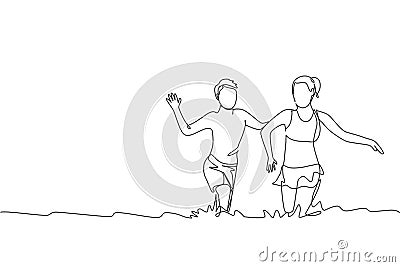 Single continuous line drawing of young happy boy and girl, brother and sister playing at beach together. Summer holidays and Vector Illustration