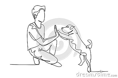 Single continuous line drawing of young happy boy giving high five gesture to his puppy dog at outfield park. Pet care and Cartoon Illustration