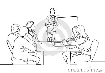 Single continuous line drawing of young happy business instructor teaching interpersonal skill to the attendees Cartoon Illustration
