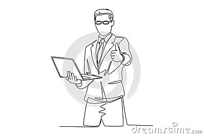 Single continuous line drawing young happy businessman stand up and carrying laptop while giving thumb up gesture. Business Cartoon Illustration