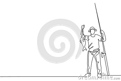 Single continuous line drawing of young happy fisher man showed his catch after fishing trout fish in open river. Fishing hobby Cartoon Illustration