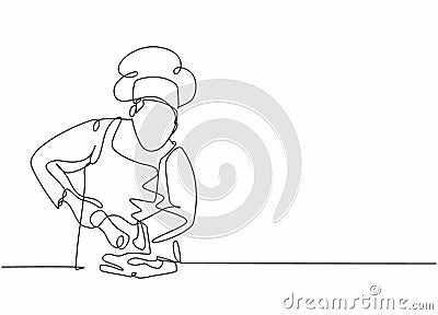Single continuous line drawing of young happy male chef sparkling salt paper seasoning into meal dish. Preparing organic food for Vector Illustration