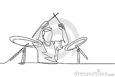 Single continuous line drawing of young happy male drummer performing to play drum on music concert stage. Musician artist Vector Illustration