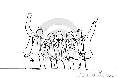 Single continuous line drawing of young happy male and female managers celebrating their job promotion together. Business teamwork Vector Illustration