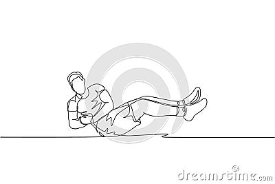 Single continuous line drawing of young happy man exercising. Russian twist movement in sport center gym club. Sport training Vector Illustration