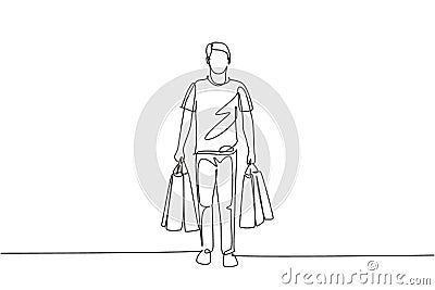 Single continuous line drawing young happy man walking and holding paper bags after buying personal needs at mall. Business Vector Illustration