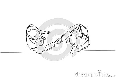 Single continuous line drawing of young happy muslim business man handshake his partner top view. Arab middle east businessmen Vector Illustration
