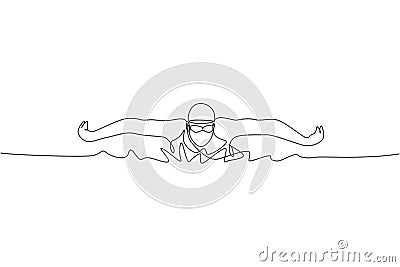 Single continuous line drawing of young happy professional swimmer man focus training in gym swimming pool center. Healthy Vector Illustration