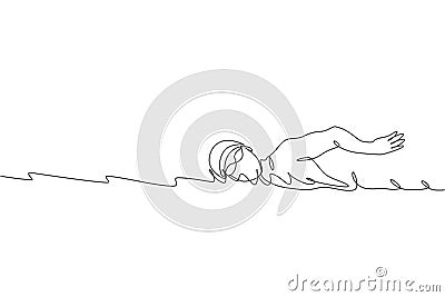 Single continuous line drawing of young happy professional swimmer man focus training in gym swimming pool center. Healthy Vector Illustration