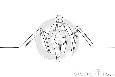 Single continuous line drawing of young happy professional swimmer woman out from water in gym swimming pool center. Healthy Vector Illustration