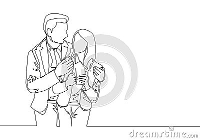 Single continuous line drawing of young happy romantic couple worker celebrate their anniversary after office hours Vector Illustration
