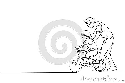 Single continuous line drawing of young kids boy learning ride bicycle with father at outdoor park. Parenthood lesson. Family time Vector Illustration