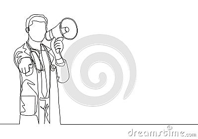 Single continuous line drawing of young male doctor pointing finger to something and holding megaphone loudspeaker at hospital Vector Illustration