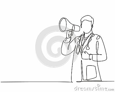 Single continuous line drawing of young male doctor pointing finger to something and holding megaphone loudspeaker at hospital. Vector Illustration