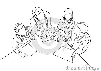 Single continuous line drawing of young male and female specialist doctor discussion about patient surgery plan Cartoon Illustration