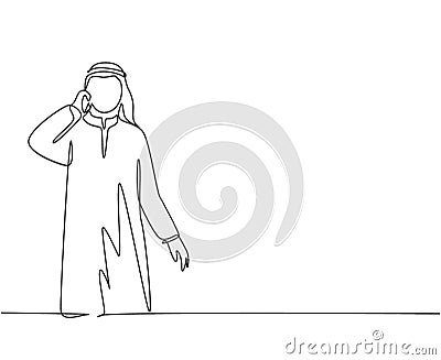 Single continuous line drawing of young male muslim businessman calling his business partner with smarphone. Arab middle east Cartoon Illustration