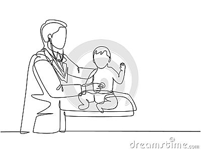 Single continuous line drawing of young male pediatric doctor examining heart beat cute toddler patient with stethoscope. Medical Vector Illustration