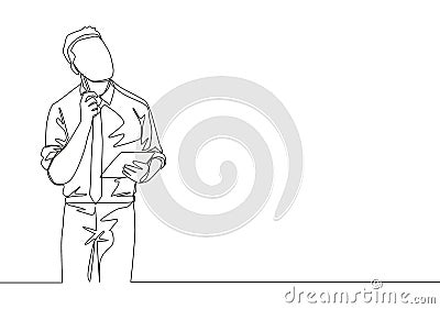 Single continuous line drawing of young manager looking up to the sky and thinking business strategy at the office. Business Cartoon Illustration