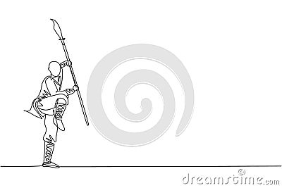 Single continuous line drawing of young muscular shaolin monk man holding spear training at shaolin temple. Traditional Chinese Vector Illustration