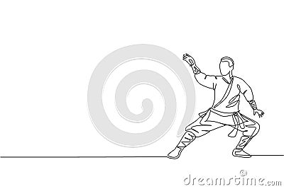 Single continuous line drawing young muscular shaolin monk man train martial art at shaolin temple. Traditional Chinese kung fu Vector Illustration