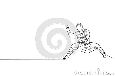 Single continuous line drawing young muscular shaolin monk man train martial art at shaolin temple. Traditional Chinese kung fu Vector Illustration