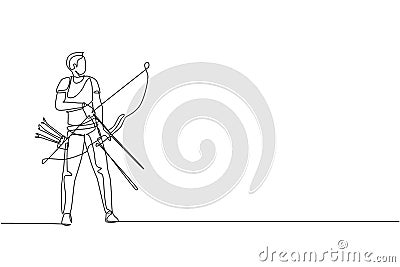 Single continuous line drawing of young professional archer man focus aiming archery target. Archery sport exercise with the bow Cartoon Illustration