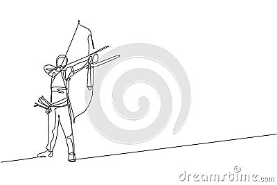 Single continuous line drawing of young professional archer man focus aiming archery target. Archery sport exercise with the bow Cartoon Illustration