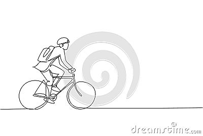Single continuous line drawing young professional businessman riding bicycle to his company. Bike to work, eco friendly Cartoon Illustration