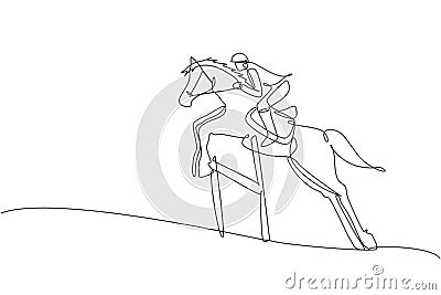 Single continuous line drawing of young professional horseback rider jumping with a horse over the hurdle. Equestrian sport Cartoon Illustration