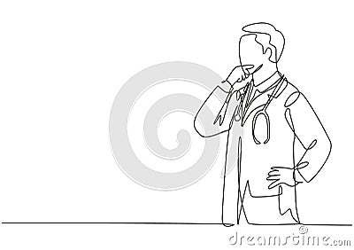 Single continuous line drawing of young smart male doctor pensive and thinking new solution to cure covid coronavirus sick patient Vector Illustration