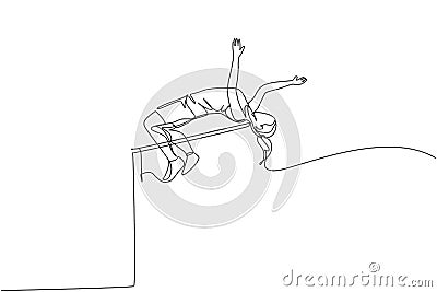 Single continuous line drawing of young sportive woman flying while pass the bar on high jump game. Healthy athletic sport concept Vector Illustration