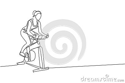 Single continuous line drawing of young sportive woman training endurance with static bike in sport gymnasium club center. Fitness Vector Illustration