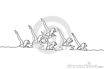 Single continuous line drawing young sportive women perform beautiful synchronized swimming choreography. Group water sport Vector Illustration