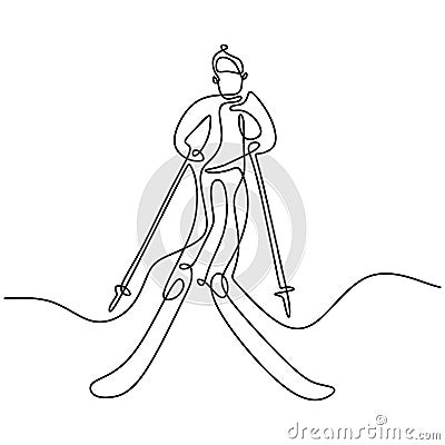 Single continuous line drawing of young sporty man playing ski at snowy mountain. Winter sport holiday vacation isolated on white Vector Illustration