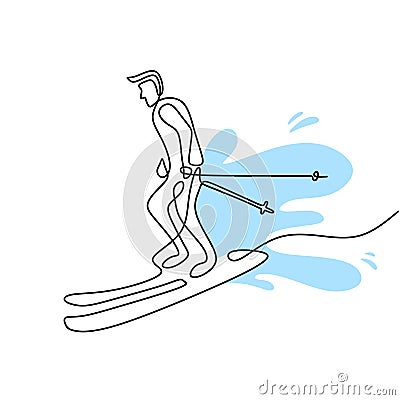 Single continuous line drawing of young sporty man playing ski at snowy mountain. Winter sport holiday vacation isolated on white Vector Illustration