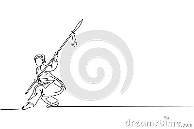 Single continuous line drawing of young woman wushu fighter, kung fu master in uniform training with spear at dojo center. Vector Illustration
