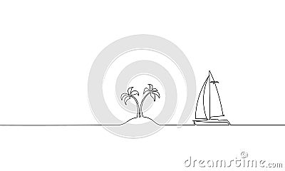 Single continuous one line art ocean travel vacation. Sea voyage holiday tropical island ship yacht luxury island palm Vector Illustration