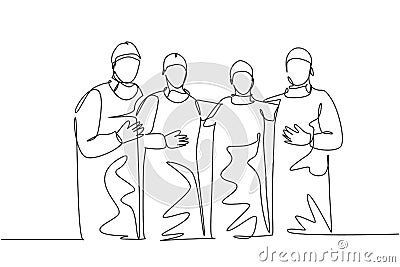 Single continuous single line drawing group of surgeon doctors standing and posing after do operating surgery at hospital. Medical Vector Illustration