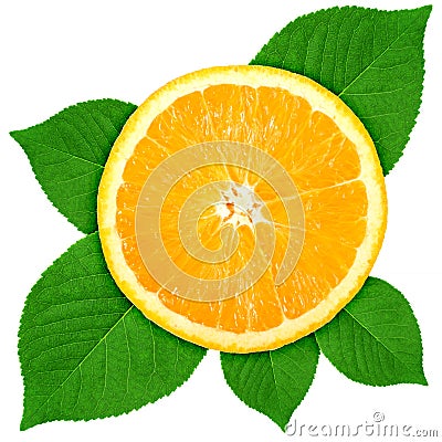 Single cross section of orange with green leaf Stock Photo