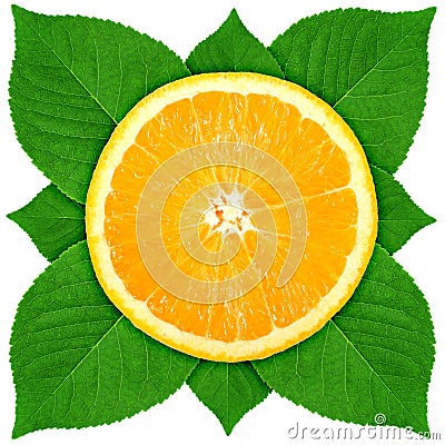 Single cross section of orange with green leaf Stock Photo