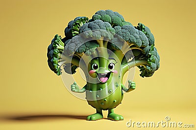 A Single Cute Broccoli as a 3D Rendered Character Over Solid Color Background Having Emotions Stock Photo