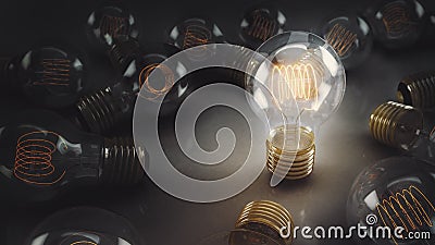 Single 3D Illustrated Incandescent Light Bulb Surrounded by Multiple Bulbs on a Reflective Surface Cartoon Illustration